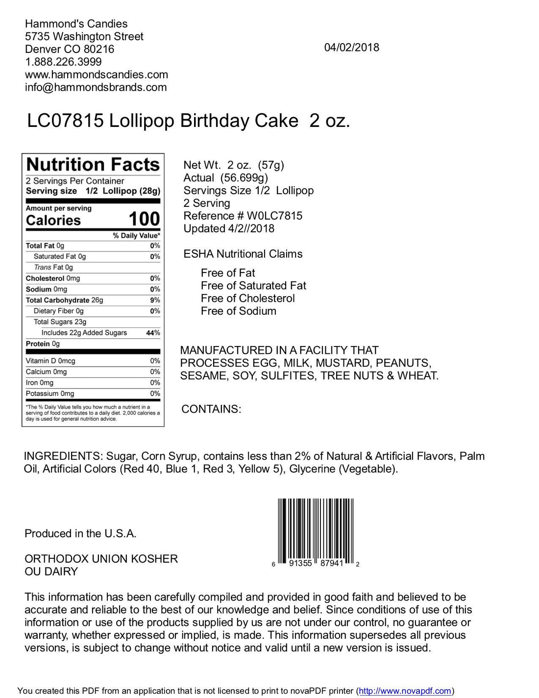 Handmade Lollipop w/ Bow - Birthday Cake - 2 oz - Nandy&
