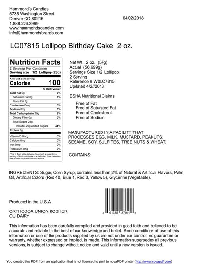 Handmade Lollipop w/ Bow - Birthday Cake - 2 oz - Nandy&