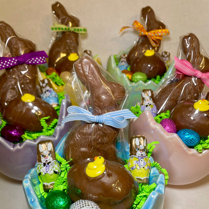 Broken Egg ceramic base filled with Easter chocolates